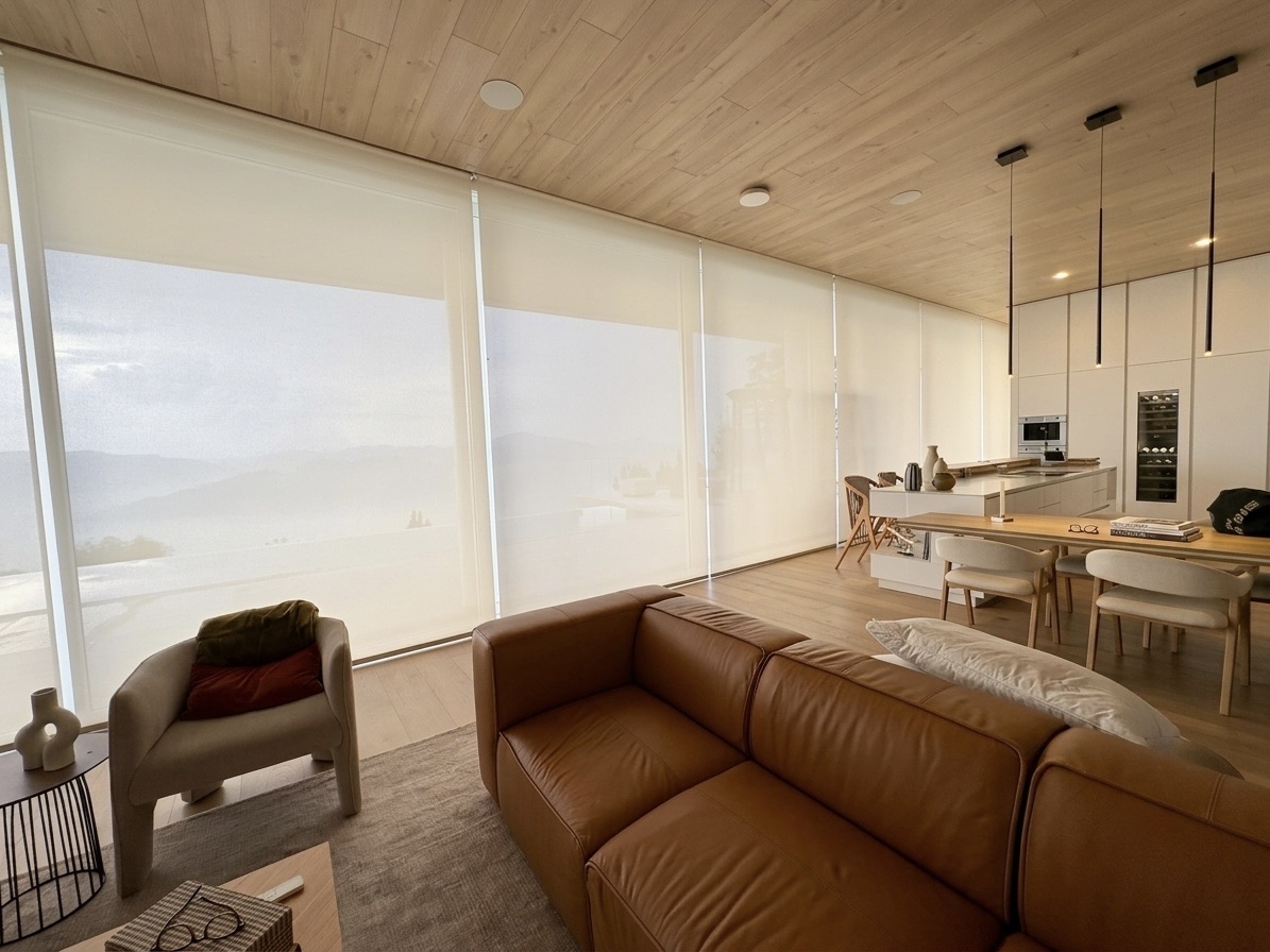 Solar roller shades in a living room with mountain view
